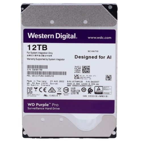 Western Digital Festplatte - Kapazität 12 TB - SATA-Schnittstelle 6 GB/s - Modell WD121PURZ-64B5UY0 - Speziell für Videorekorder