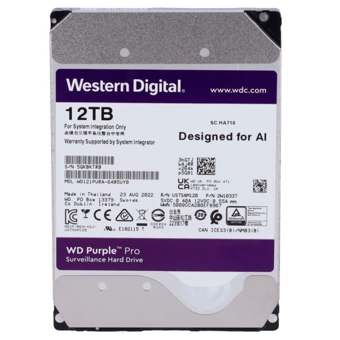 Western Digital Festplatte - Kapazität 12 TB - SATA-Schnittstelle 6 GB/s - Modell WD121PURZ-64B5UY0 - Speziell für Videorekorder