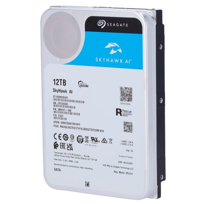 Seagate Skyhawk AI-Festplatte - Kapazität 12 TB - SATA-Schnittstelle 6 GB/s - Bis zu 32 Übertragungen von künstlicher Intelligen