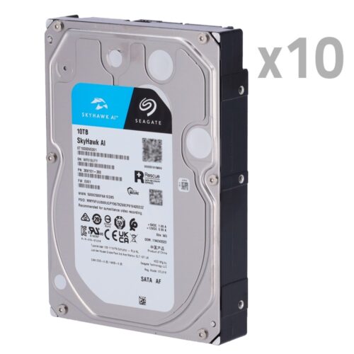 Packung/Kit mit Festplatten - 10 Einheiten - Seagate SkyHawk ST10000VE0008 - Bis zu 32 Übertragungen von künstlicher Intelligenz